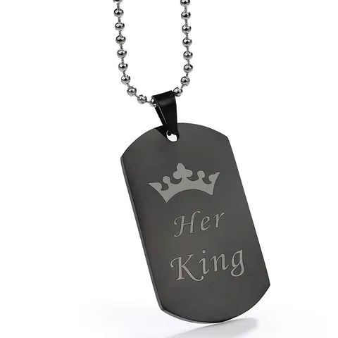 Collar con Colgante Dog Tag de Aleación para Pareja Con Corona Letras His Queen Her King Negro Plata Cadena de Bolas Regalo