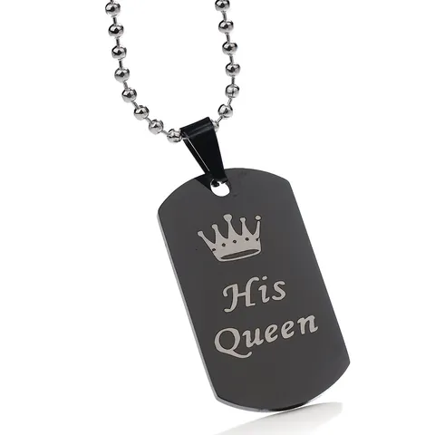 Collar con Colgante Dog Tag de Aleación para Pareja Con Corona Letras His Queen Her King Negro Plata Cadena de Bolas Regalo