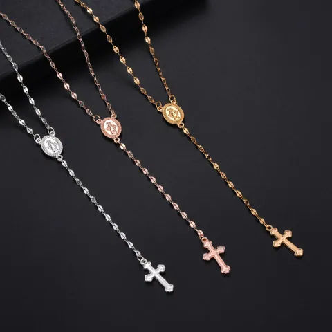 Collier Pendentif Croix Religieux Vintage Pour Femmes Alliage Médaillon Vierge Marie Chapelet Chaîne Lariat Bijoux Cadeau
