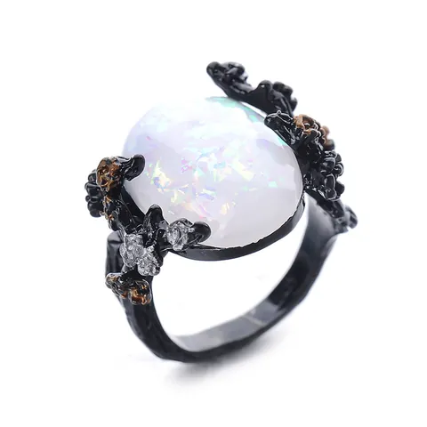 Vintage Zwarte Legering Tak Ring Voor Vrouwen Met Witte Synthetische Opaal En Strass Gothische Natuurstijl Sieraden