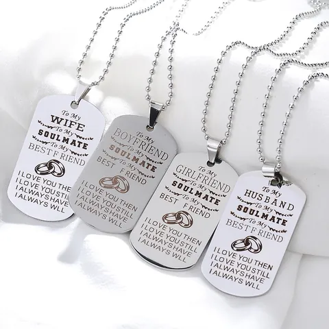 Stainless Steel Dog Tag Pendant Necklace Engraved Love Lettering Quote Ball Chain Personalized Jewelry Gift For Husband Wife