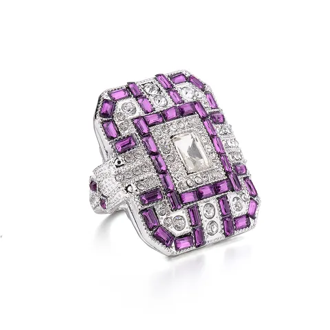 Women Vintage Art Deco Alloy Zirconia Ring Luxury Large Rectangular Crystal Cocktail Ring Silver Plated Rhinestone Banquet Jewelry