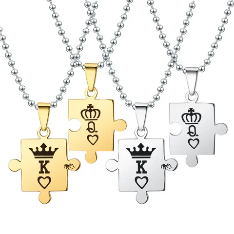 Stainless Steel Puzzle Couple Pendant Necklace King Queen Crown Heart Matching Jewelry For Lovers Valentine Gift