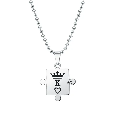 Stainless Steel Puzzle Couple Pendant Necklace King Queen Crown Heart Matching Jewelry For Lovers Valentine Gift