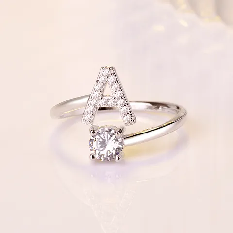Bague Ouverte Ajustable en Alliage Plaqué Argent Zirconium Lettre Alphabet Pour Femmes Bijoux de Doigt Initiale A-Z