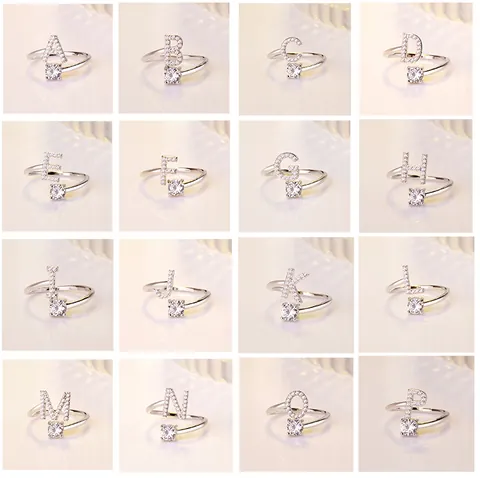 Bague Ouverte Ajustable en Alliage Plaqué Argent Zirconium Lettre Alphabet Pour Femmes Bijoux de Doigt Initiale A-Z
