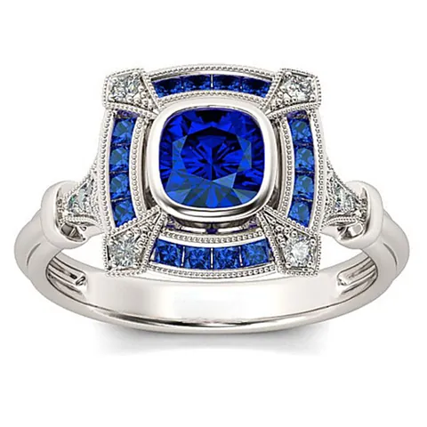 Bague de Luxe Vintage Carrée avec Strass Bleu en Alliage Art Déco Couleur Argent Géométrique Pierre Gemme Artificielle Bague pour Femme Bijoux Cadeau