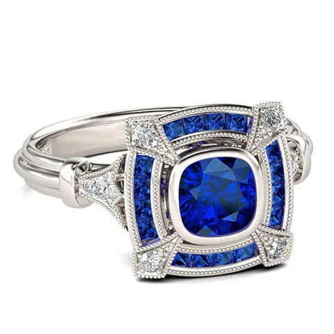 Bague de Luxe Vintage Carrée avec Strass Bleu en Alliage Art Déco Couleur Argent Géométrique Pierre Gemme Artificielle Bague pour Femme Bijoux Cadeau