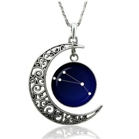 Vintage Hollow Moon Zodiac Necklace For Women Men Silver Plated Alloy Dark Blue Galaxy Star Map Constellation Pendant Jewelry Gift
