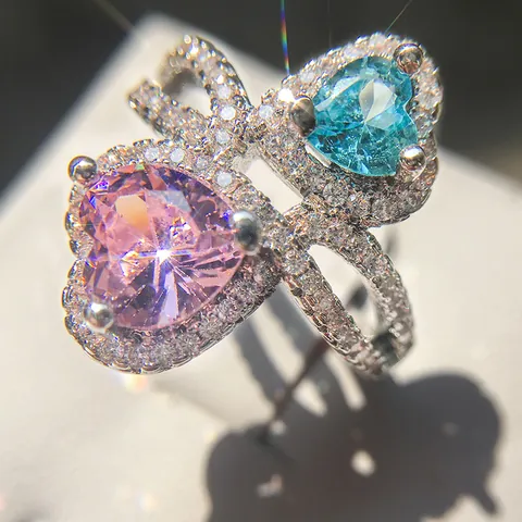 Fashion Alloy Cubic Zirconia Double Heart Ring Pink Blue Crystal Inlaid Romantic Jewelry Finger Ring For Women Daily Accessory Gift