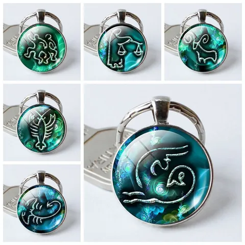 Llavero de Cabujón de Vidrio de Gema de Tiempo de Signo del Zodiaco Aleación Retro Plata Redondo Colgante Joyería Regalo