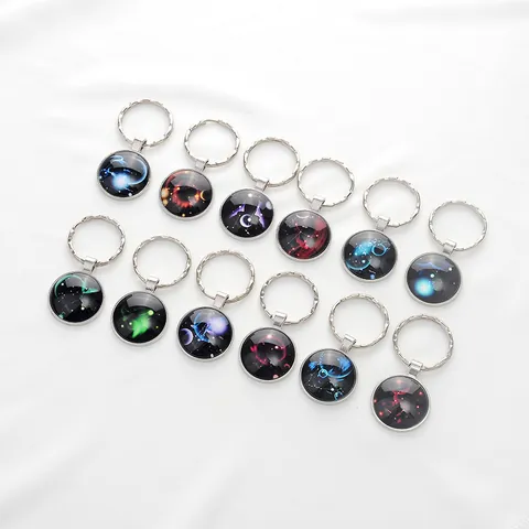 Llavero Signos del Zodiaco Aleación Vidrio Cabuchón Retro Cielo Estrellado Galaxia Colgante Anillo Para Regalo Cumpleaños Accesorio Diario