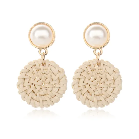 Bohemian Woven Rattan Drop Earrings With Faux Pearl Alloy Gold Plated Geometric Wicker Straw Beach Jewelry For Women