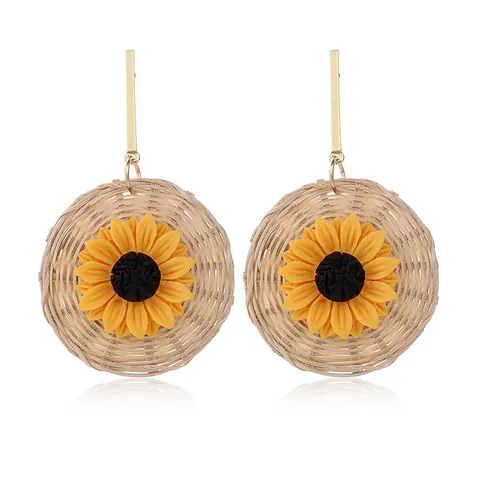 Bohemian Sunflower Braided Rattan Drop Earrings For Women Summer Vacation Beach Alloy Woven Floral Dangle Jewelry Gift