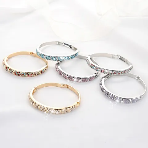 Bracelet Jonc à Charnière en Strass pour Femmes Mode Alliage Plaqué Or Argent Incrusté de Cristaux Multi-rangs Bijoux Cadeau