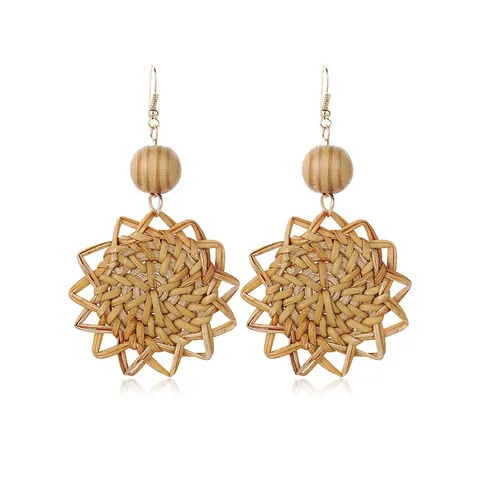 Bohemian Rattan Hand Woven Star Flower Drop Earrings Natural Wood Bead Vintage Beach Holiday Jewelry For Women