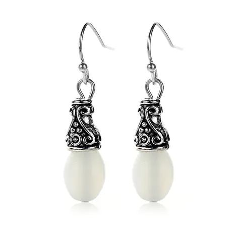 Boucles d'Oreilles Pendantes Goutte en Alliage Vintage pour Femmes Rétro Argent Gravé Pierre de Lune Synthétique Bijoux