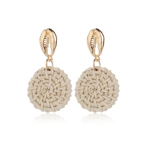 Bohemian Shell Alloy Stud Earrings Hand Woven Rattan Round Drop Earrings For Women Beach Vacation Jewelry Gift