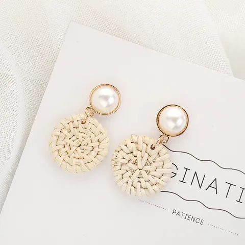 Bohemian Woven Rattan Drop Earrings With Faux Pearl Alloy Gold Plated Geometric Wicker Straw Beach Jewelry For Women