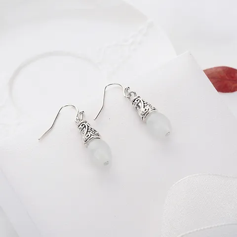 Boucles d'Oreilles Pendantes Goutte en Alliage Vintage pour Femmes Rétro Argent Gravé Pierre de Lune Synthétique Bijoux