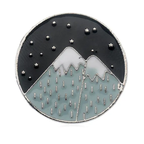 Broche Ronde en Émail Montagne Enneigée Étoile Lune Alliage Goutte d'Huile Ciel Nocturne Bijoux de Mode Accessoires pour Sac Vêtements