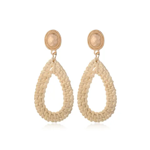 Bohemian Woven Water Drop Dangle Earrings Gold Tone Alloy Natural Rattan Weave Stud Earrings For Women Summer Vacation Gift