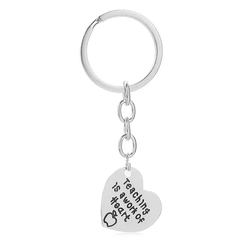 Teaching Is A Work Of Heart Keychain Alloy Heart Keyring With Apple Icon Teacher Appreciation Gift Silver Metal Keychain