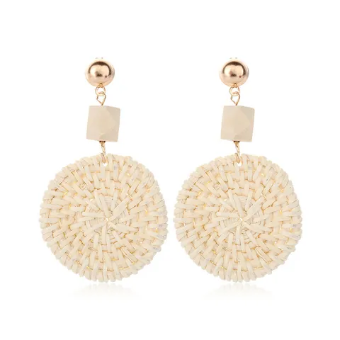 Bohemian Woven Rattan Wood Drop Earrings For Women Geometric Alloy Gold Ball Stud Earrings Summer Beach Vacation Jewelry