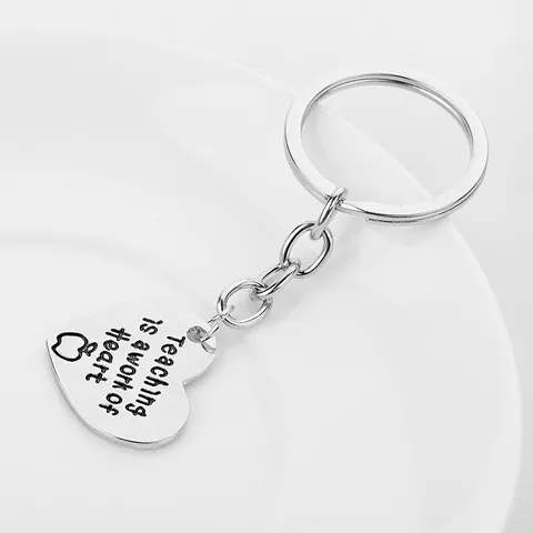 Teaching Is A Work Of Heart Keychain Alloy Heart Keyring With Apple Icon Teacher Appreciation Gift Silver Metal Keychain