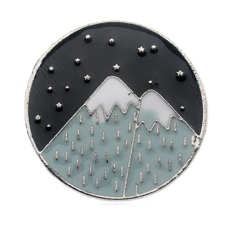 Spilla Rotonda in Smalto Montagna Innevata Stella Luna Lega Goccia Olio Cielo Notturno Gioielli di Moda Accessori per Borse Vestiti