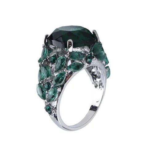 Bague de Luxe Vintage en Alliage avec Pierre Gemme Vert Émeraude pour Femme Taille Marquise Cristal Plaqué Argent