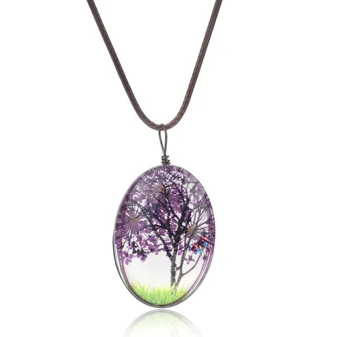 Collier Pendentif Arbre Fleurs Séchées en Résine avec Papillon Chaîne Corde Tressée Bijoux Minimalistes pour Femmes Cadeau