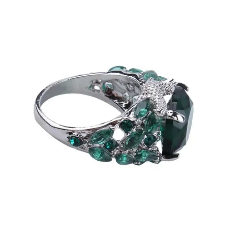 Bague de Luxe Vintage en Alliage avec Pierre Gemme Vert Émeraude pour Femme Taille Marquise Cristal Plaqué Argent