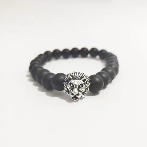 Pulsera de Cuentas Negras Mate con Cabeza de León Vintage para Hombre Oro Antiguo Plata Aleación Dije de Animal Elástico