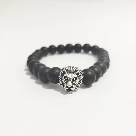 Pulsera de Cuentas Negras Mate con Cabeza de León Vintage para Hombre Oro Antiguo Plata Aleación Dije de Animal Elástico