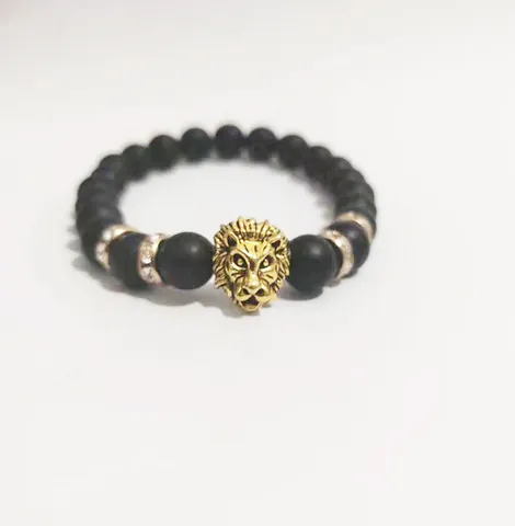 Pulsera de Cuentas de Cabeza de León Punk para Hombre Aleación Dije de Strass Cuentas Negras Mates Pulsera Elástica Joyería de Moda