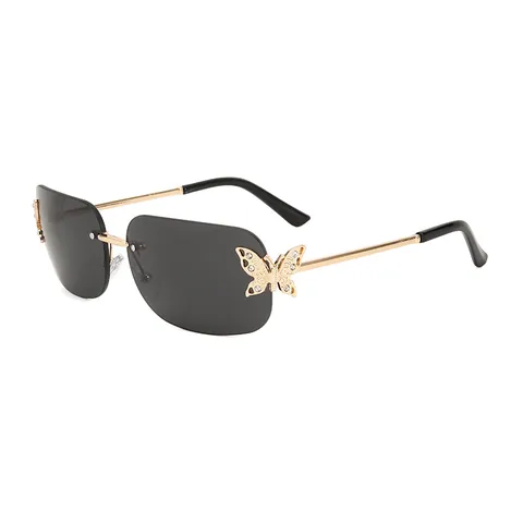Women Rimless Square Sunglasses Rhinestone Butterfly Gradient Lens Metal Frame UV400 Fashion Eyewear For Travel Party