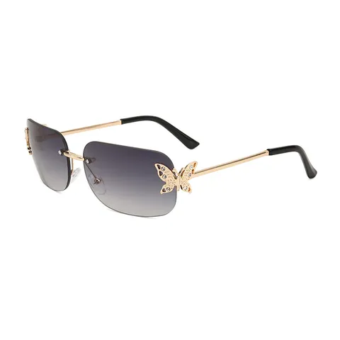 Women Rimless Square Sunglasses Rhinestone Butterfly Gradient Lens Metal Frame UV400 Fashion Eyewear For Travel Party