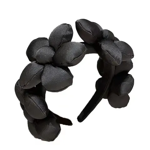 Women Black 3D Puffer Flower Headband Thickened Satin Hair Band Elegant Solid Color Korean Style Headwear For Daily Dating