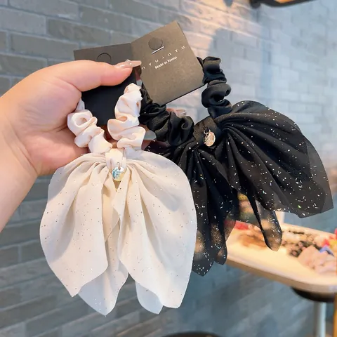 Women Large Bow Mesh Scrunchie With Starry Sequins And Metal Pendant Elegant Korean Style Fabric Hair Tie For Daily Decoration
