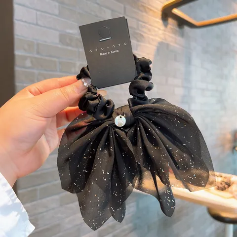Women Large Bow Mesh Scrunchie With Starry Sequins And Metal Pendant Elegant Korean Style Fabric Hair Tie For Daily Decoration