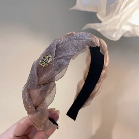 Franse Stijl Mesh Gevlochten Haarband Voor Dames Vintage Brede Rand Haaroor Metaal Roos Decor Elegante Haaraccessoires