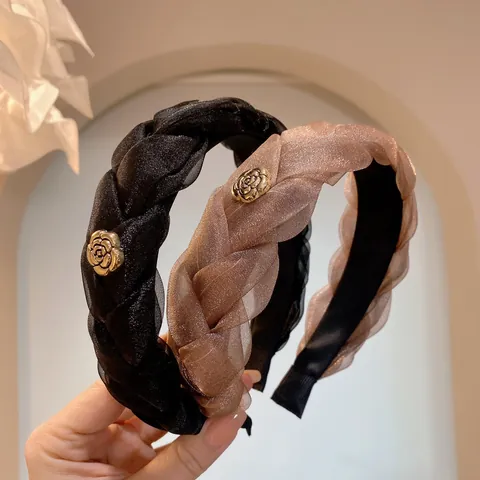 Franse Stijl Mesh Gevlochten Haarband Voor Dames Vintage Brede Rand Haaroor Metaal Roos Decor Elegante Haaraccessoires