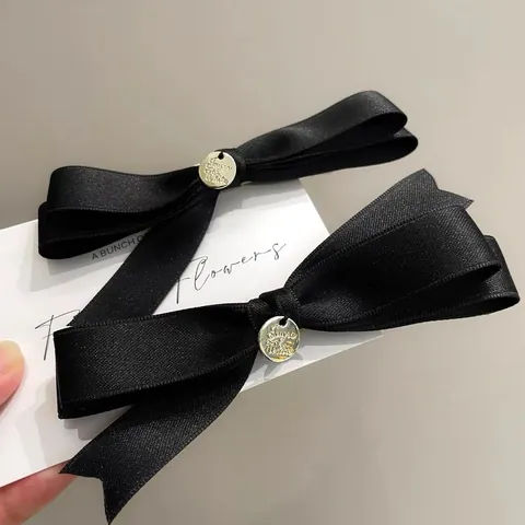Fermaglio per Capelli a Fiocco in Mesh Nero Stile Coreano per Donna Elegante Clip Laterale in Nastro Con Etichetta in Metallo
