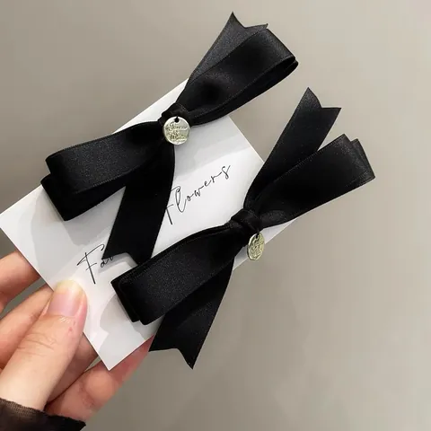 Fermaglio per Capelli a Fiocco in Mesh Nero Stile Coreano per Donna Elegante Clip Laterale in Nastro Con Etichetta in Metallo