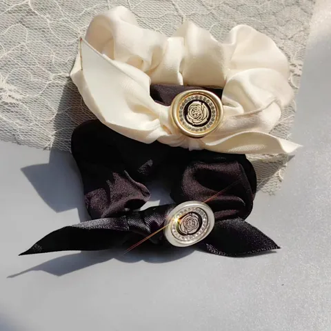 French Vintage Satin Bow Scrunchie Elegant Rose Flower Hair Tie With Rhinestone Alloy Metal Button For Women Accessories