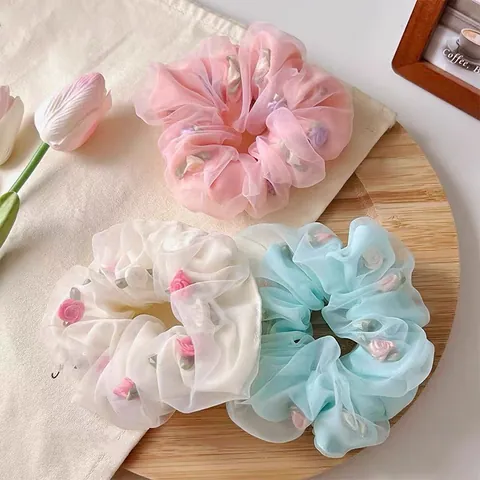 Koreanischer Stil Mesh Organza Rose Blume Haargummis Elegante Große Elastische Haarbänder Frische Florale Haarschmuck Für Damen