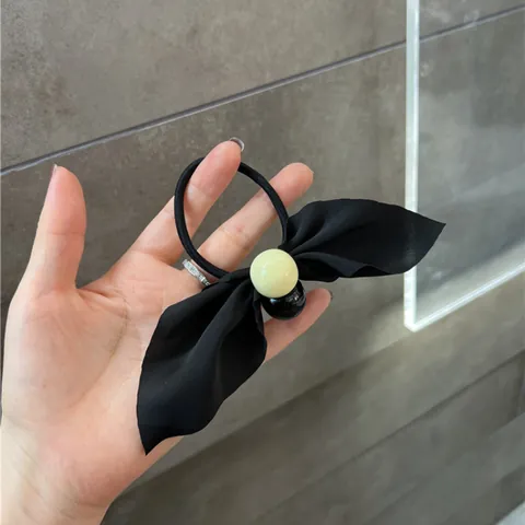 Koreanischer Stil Schwarz Schleife Haargummi Minimalistisch Elastisch Pferdeschwanz Halter Mit Perlen Damen Mädchen Haarschmuck