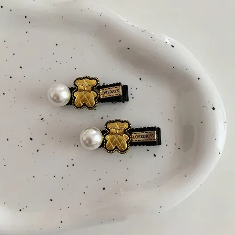 Korean Cute Bear Hair Clips With Faux Artificial Pearl Bow Knot Ribbon Wrapped Alloy Hairpin Set For Women Girls Jewelry Gift