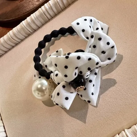 Elastico per Capelli con Fiocco a Pois Stile Coreano con Grande Perla Artificial di Imitazione Elegante Corda per Capelli ad Alta Elasticità